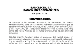 CONVOCATORIA BANCRECER, S.A. BANCO MICROFINANCIERO 23 MAY 2025.