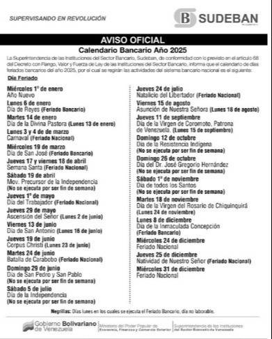 Feriados bancarios y laborables para el mes de junio en Venezuela