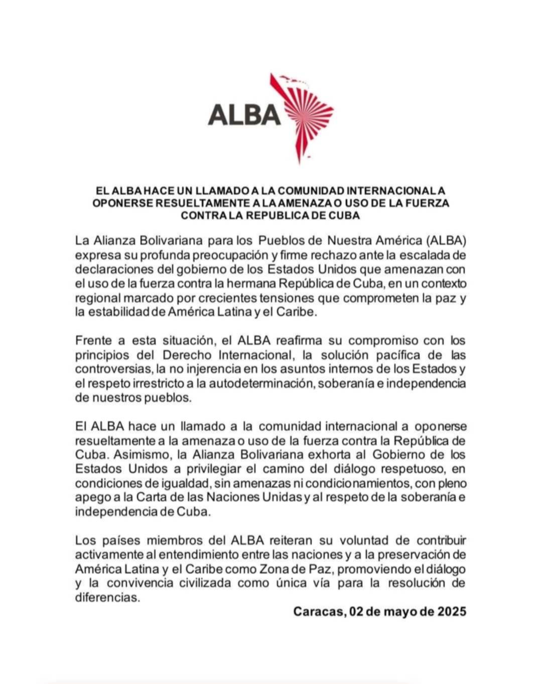 Comunicado: el Alba rechaza declaraciones por parte de EEUU ante amenaza con el "uso de fuerza" en Cuba Comunicado: el Alba rechaza declaraciones por parte de EEUU ante amenaza con el "uso de fuerza" en Cuba