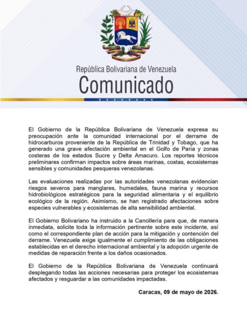 Comunicado: Derrame de hidrocarburos proveniente de Trinidad y Tobago afecta zonas costeras de Venezuela