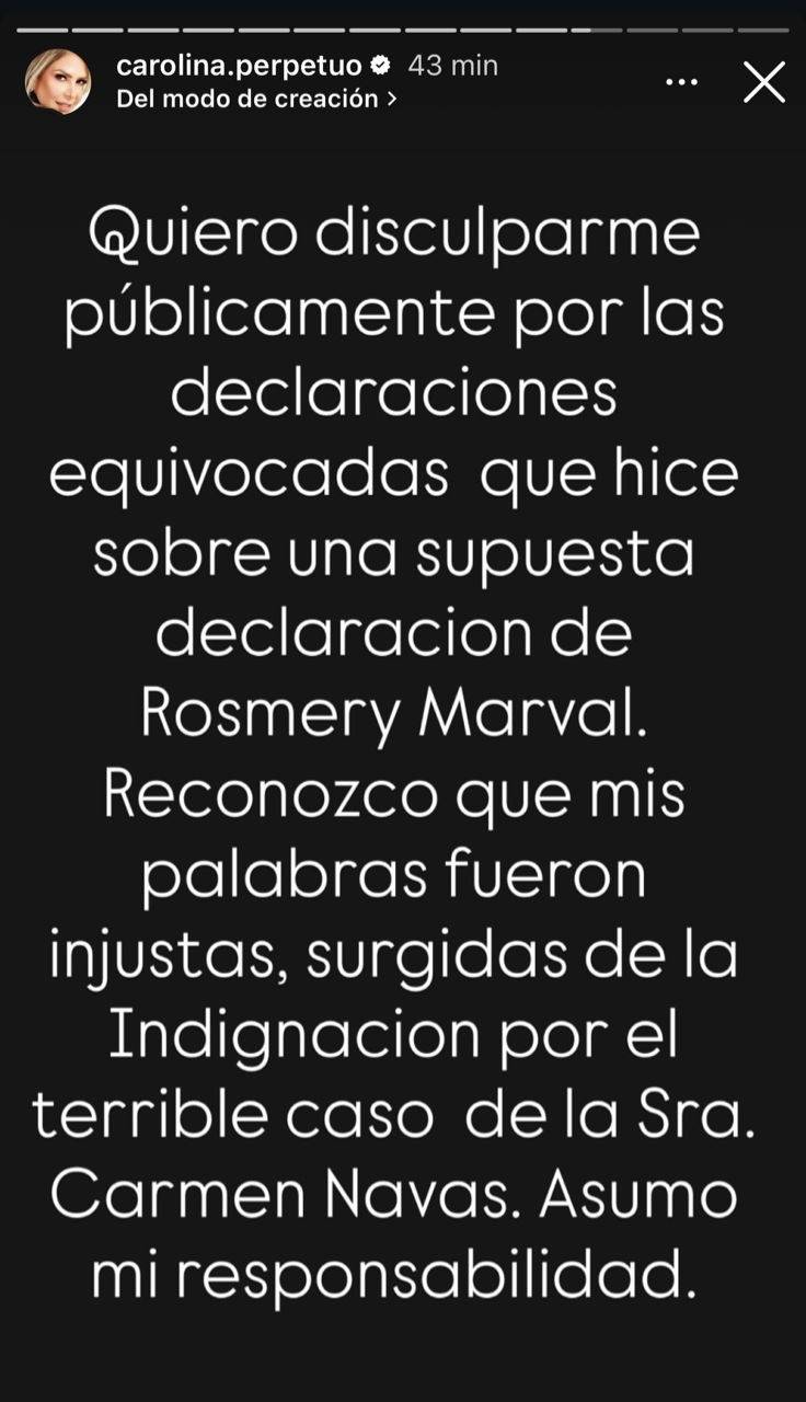 Carolina Perpetuo envía mensaje a Rosmeri Marval en medio de la polémica