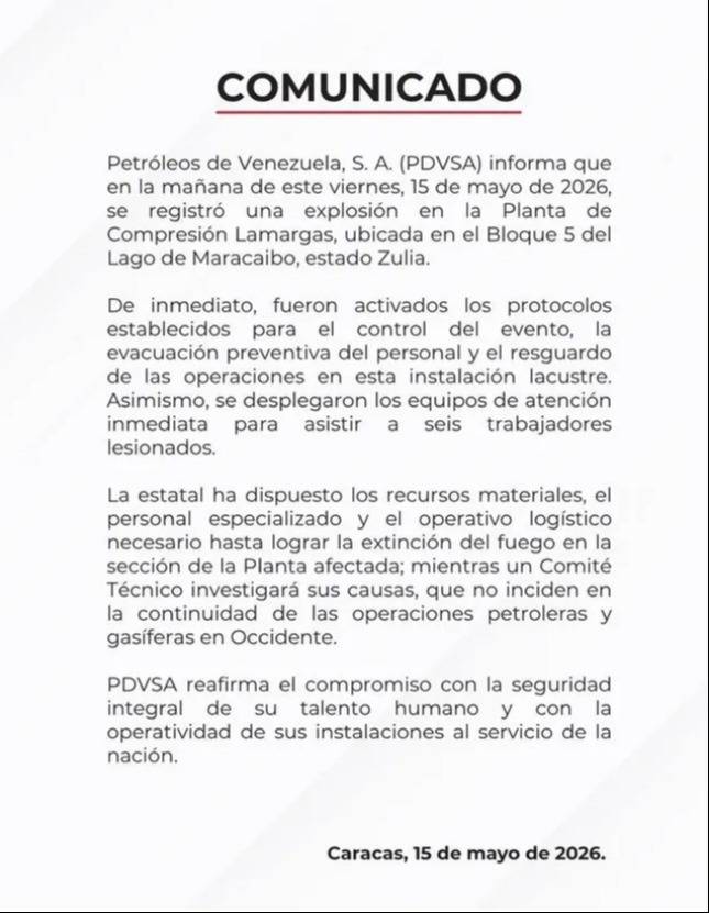 Seis heridos: Pdvsa confirma explosión y evacuación en la Planta Lamargas