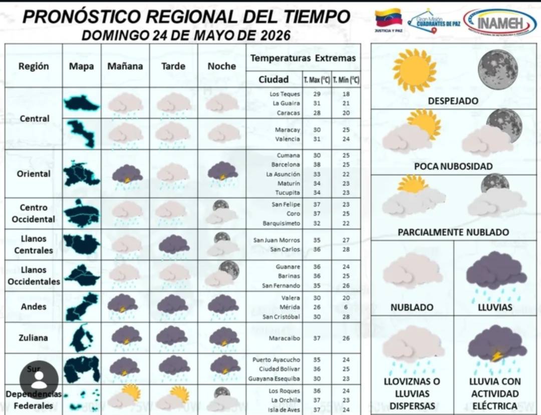 Inameh prevé domingo de chubascos y actividad eléctrica: zonas en alerta este 24 de mayo Inameh prevé domingo de chubascos y actividad eléctrica: zonas en alerta este 24 de mayo