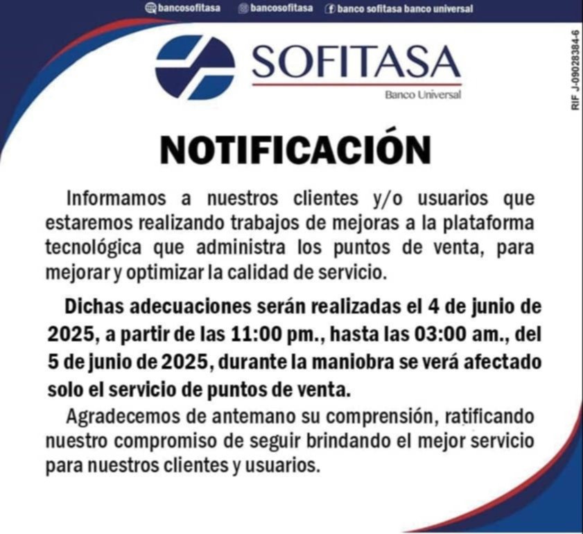 BANCO SOFITASA NOTIFICACIÓN 03 JUN 2025