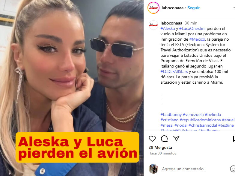 Aleska Génesis y Luca Onestini no lograron viajar a Estados Unidos Aleska Génesis y Luca Onestini no lograron viajar a Estados Unidos