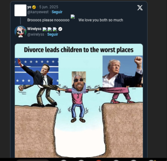 Kanye West intenta reconciliar a Donald Trump y Elon Musk: Broooos, por favor, noooooo Kanye West intenta reconciliar a Donald Trump y Elon Musk: Broooos, por favor, noooooo