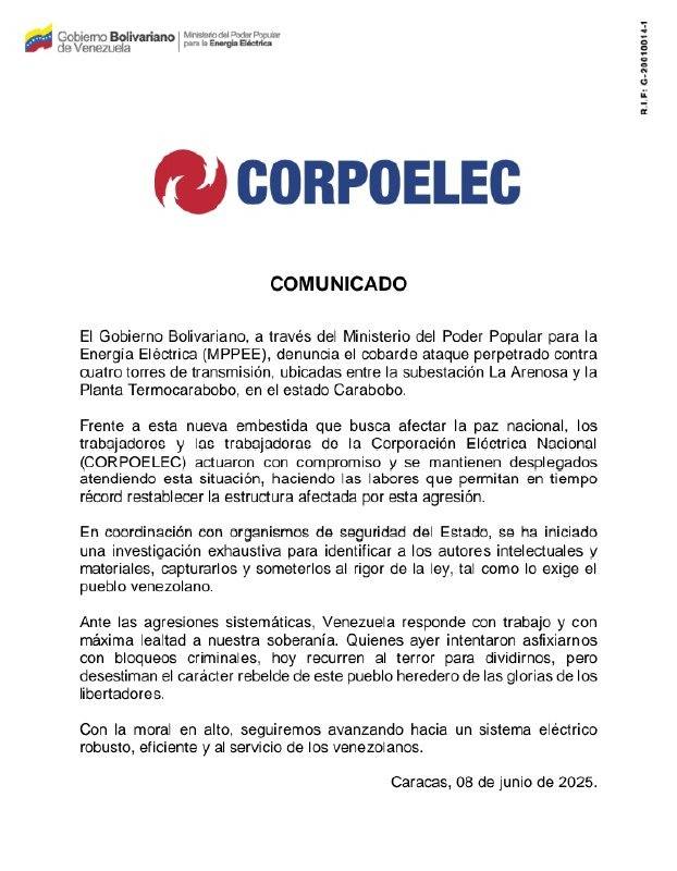 Corpoelec denuncia ataque contra torres de transmisión en Carabobo: inician investigación para dar con los autores intelectuales