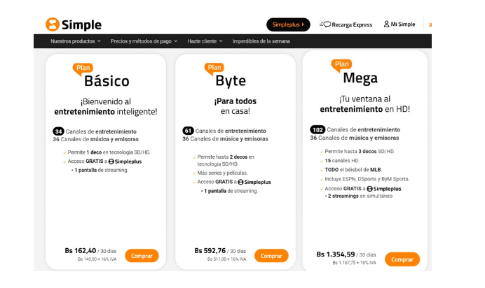 Conozca los precios de los planes de SimpleTv para junio: van desde Bs. 164 Conozca los precios de los planes de SimpleTv para junio: van desde Bs. 164
