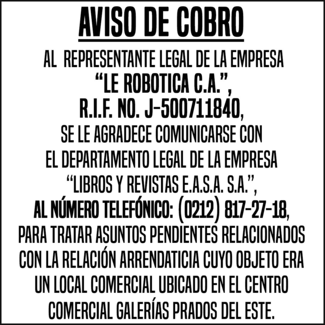 LE ROBOTICA C.A. AVISO DE COBRO