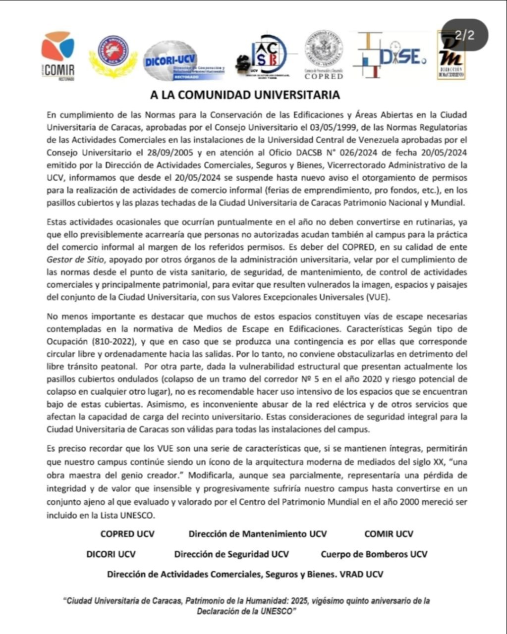 La UCV suspende permisos para actividades benéficas o comerciales en sus espacios: comunicado