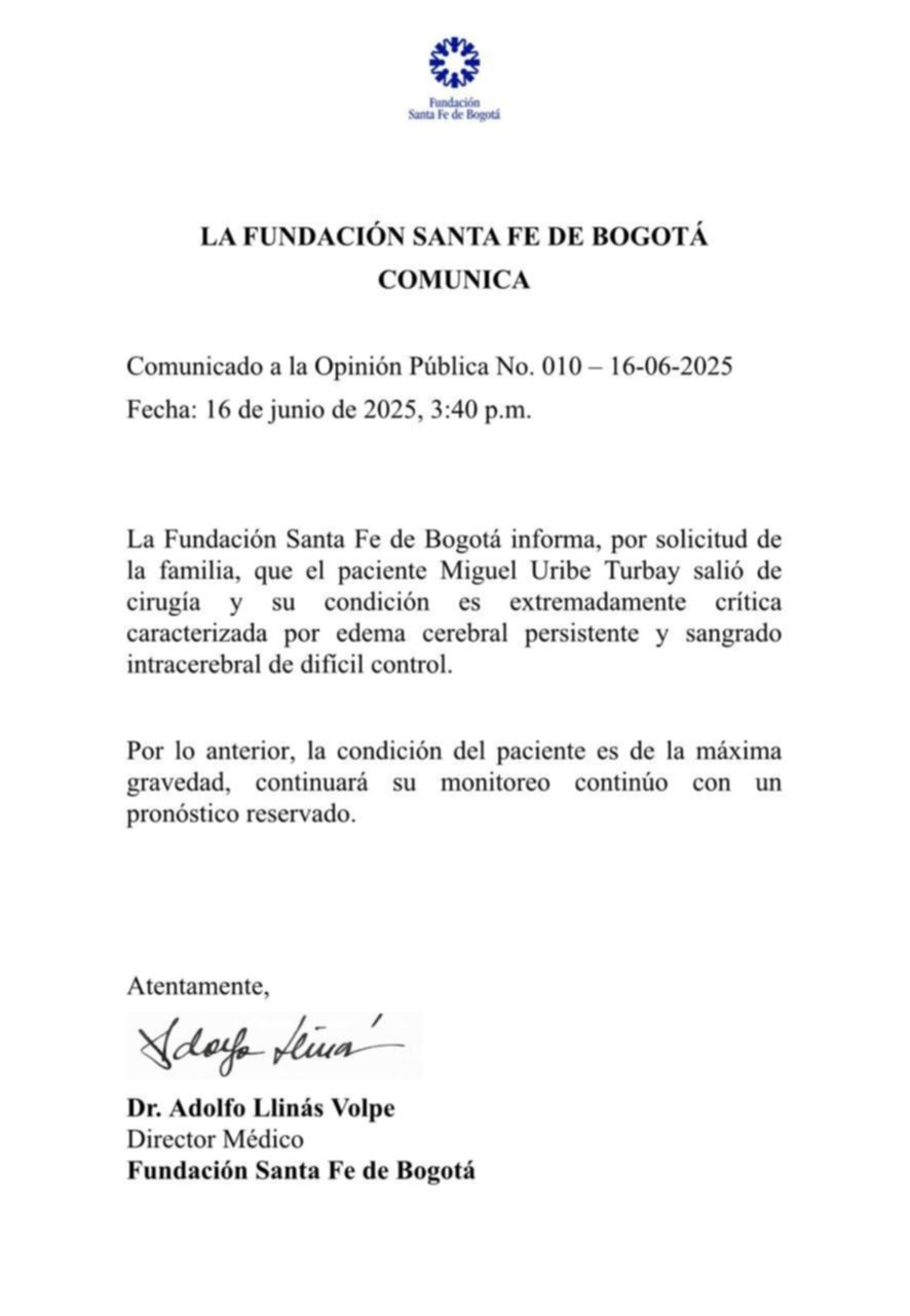 Condición de Miguel Uribe Turbay es “extremadamente crítica” tras salir de la cirugía de emergencia Condición de Miguel Uribe Turbay es “extremadamente crítica” tras salir de la cirugía de emergencia