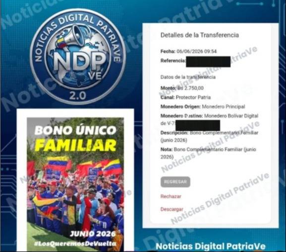 Bono Complementario Familiar: sepa el monto que entrega Patria este 6 de junio Bono Complementario Familiar: sepa el monto que entrega Patria este 6 de junio