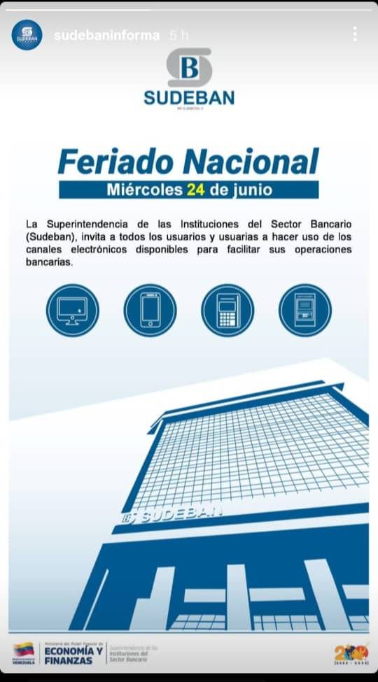 ¿Los bancos trabajarán el 24 de junio? Esto dijo la Sudeban