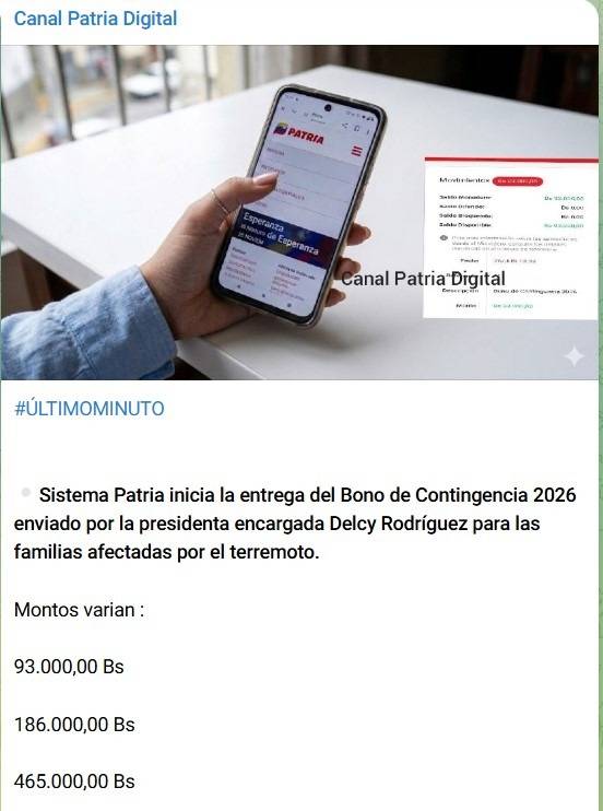 Activan la entrega del "Bono de Contingencia 2026" a través del Sistema Patria: sepa los montos