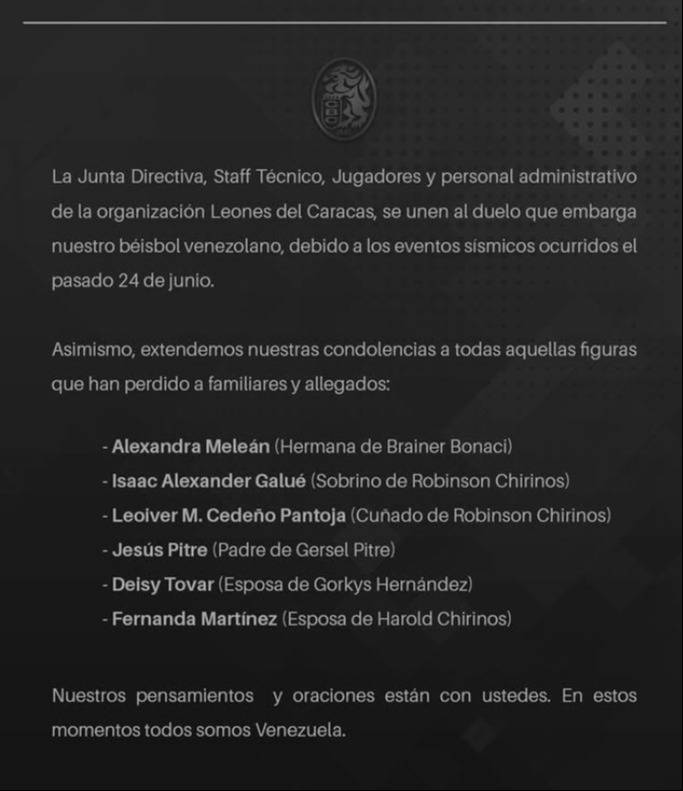 Leones del Caracas se une al duelo nacional: envía condolencias a estos peloteros que perdieron a sus seres queridos