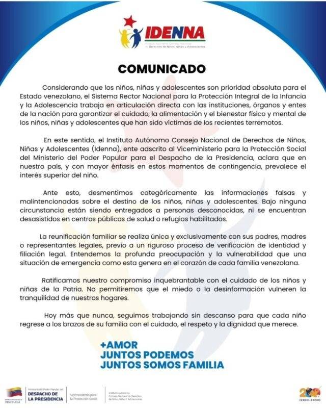 ¡Alerta de información falsa! Idenna desmiente entrega de niños víctimas de los terremotos a desconocidos