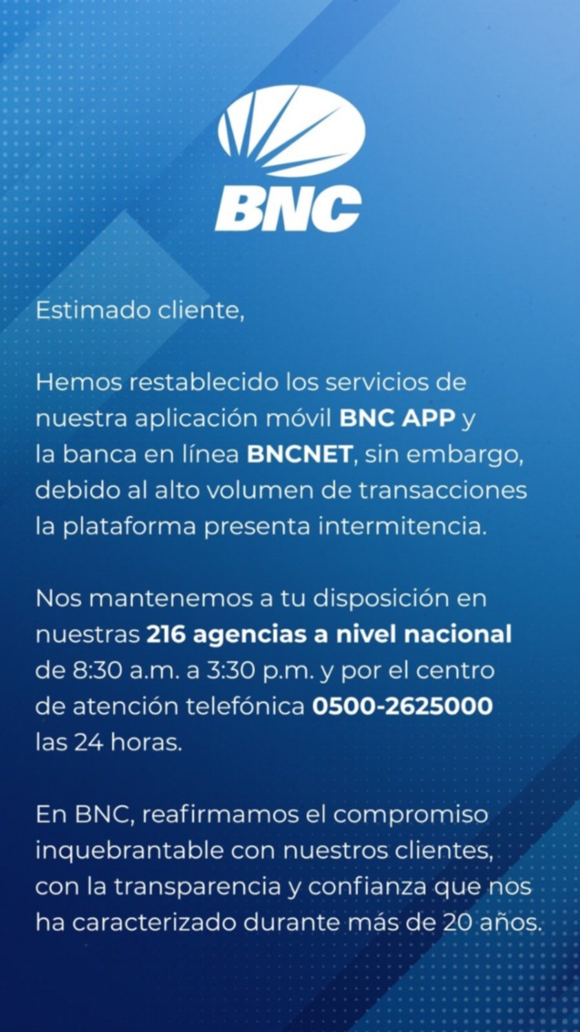 Banco BNC restablece su plataforma en línea este 2 de julio: comunicado Banco BNC restablece su plataforma en línea este 2 de julio: comunicado