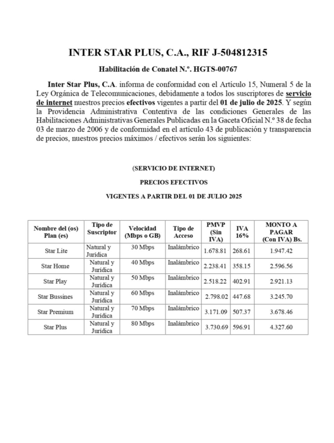 NOTIFICACIÓN INTER STAR PLUS, C.A., 04 JUL 25