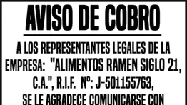AVISO DE COBRO ALIMENTOS RAMEN SIGLO 21. 04 JUL 25