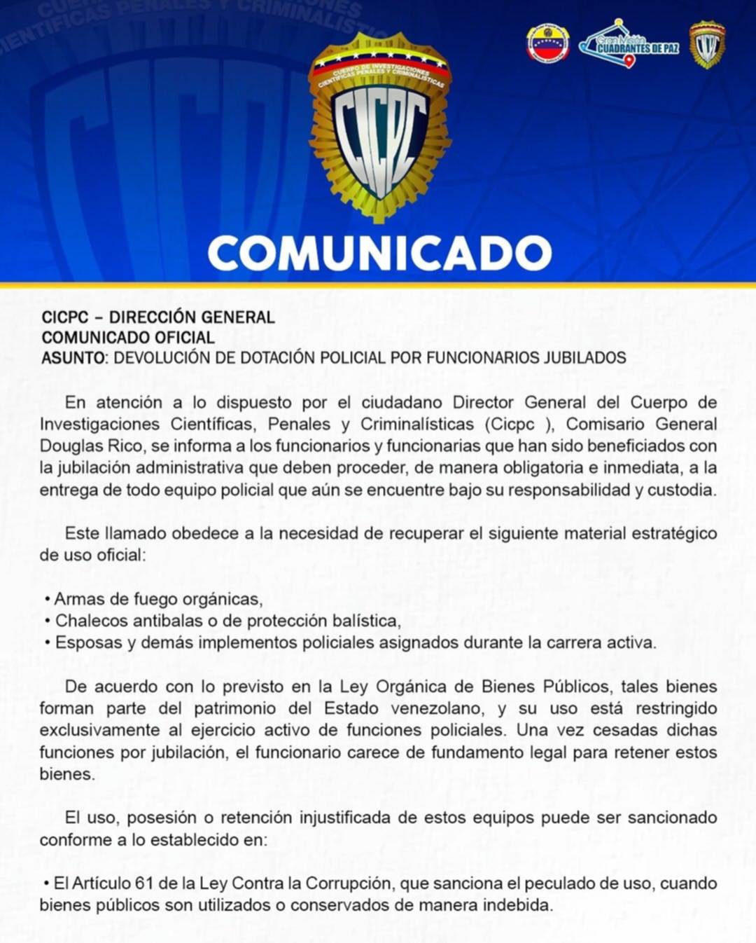 Cicpc ordena a jubilados devolver todo su equipamiento policial: incluye armas, chalecos y esposas