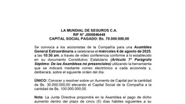 LA MUNDIAL DE SEGUROS C.A. CONVOCATORIA 28 JUL 25