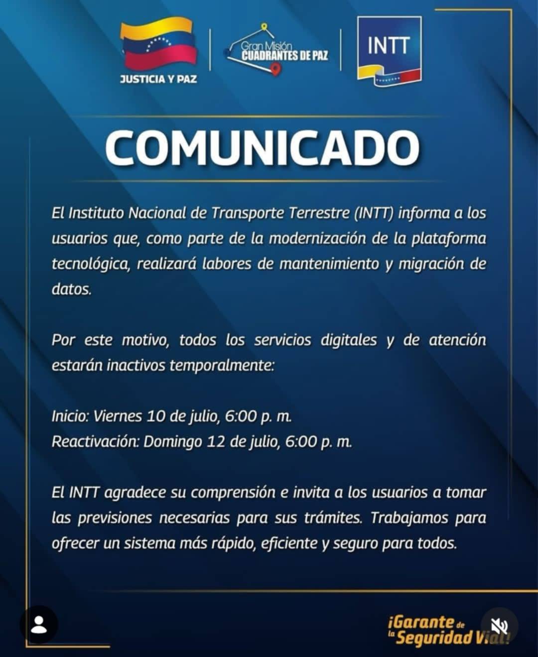 El INTT anuncia cambios importantes en su plataforma digital desde este 10 de julio: tome previsiones 