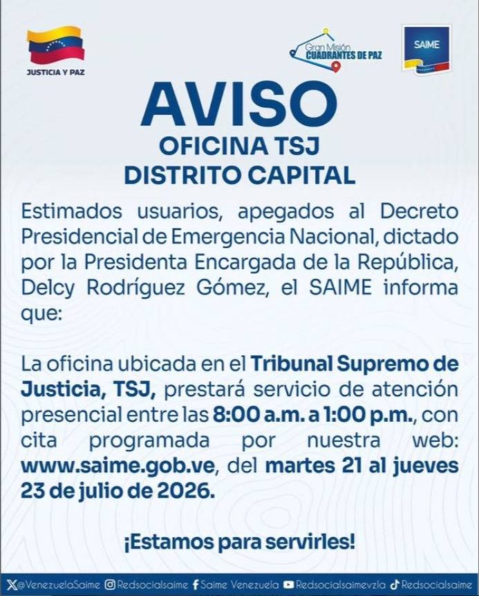 Saime reactiva atención presencial en el TSJ: sepa qué días y horas abre