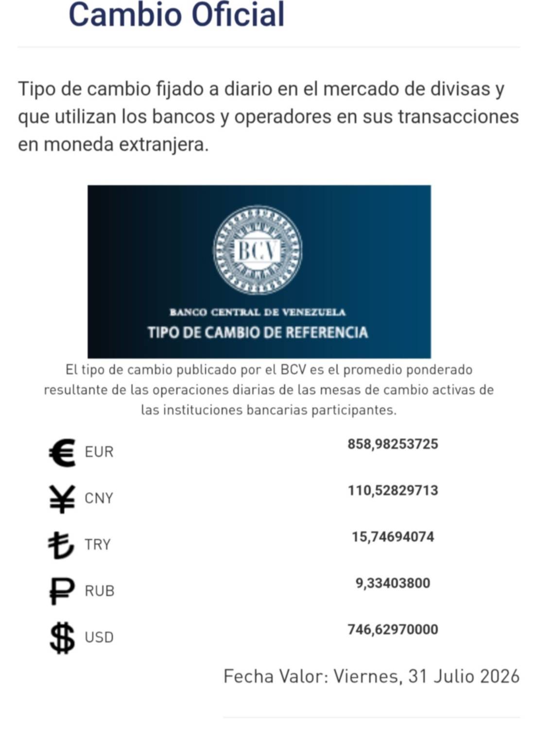 Dólar y euro BCV para este 31 de julio: así amanecen las divisas oficiales Dólar y euro BCV para este 31 de julio: así amanecen las divisas oficiales