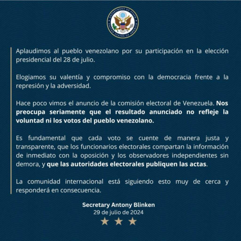 EEUU expresa preocupación por el resultado anunciado de la elecciones en Venezuela EEUU expresa preocupación por el resultado anunciado de la elecciones en Venezuela