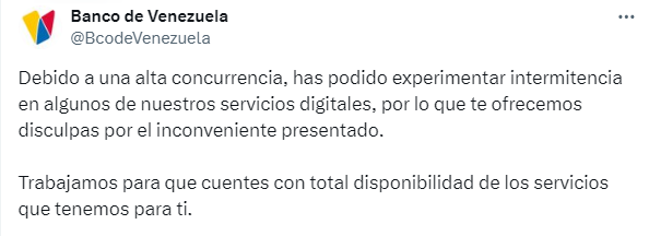AHORA: Banco de Venezuela se pronuncia por caída de su plataforma AHORA: Banco de Venezuela se pronuncia por caída de su plataforma