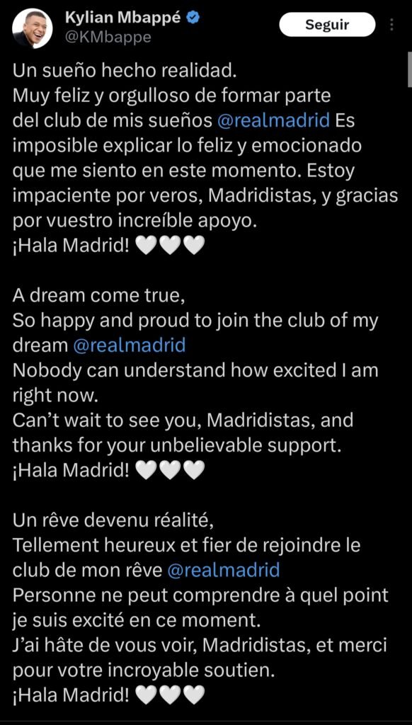 Conozca el primer mensaje de Kylian Mbappé como madridista (+Comunicado) Conozca el primer mensaje de Kylian Mbappé como madridista (+Comunicado)
