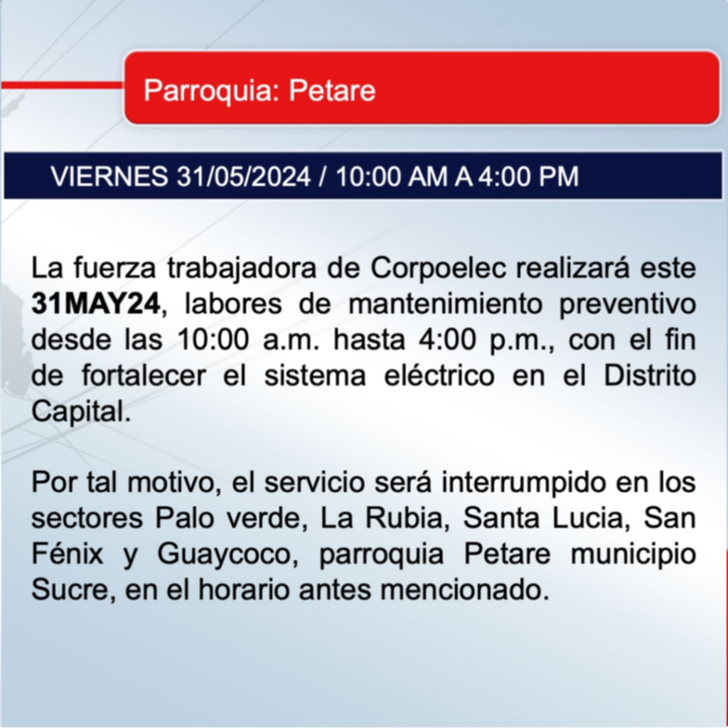 ATENCIÓN| Corpoelec anuncia suspensión del servicio por mantenimiento en zonas de Caracas
