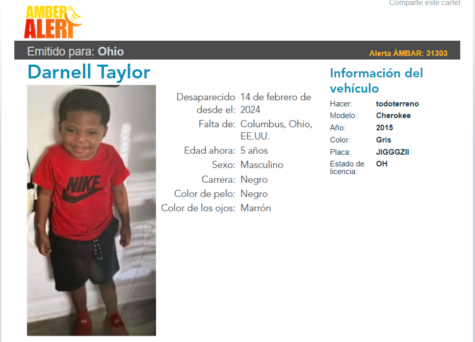 Alerta AMBER: Secuestran a menor de cinco años en Ohio Alerta AMBER: Secuestran a menor de cinco años en Ohio
