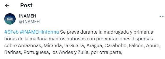 Inameh prevé precipitaciones durante la madrugada y primeras horas de este #10Feb