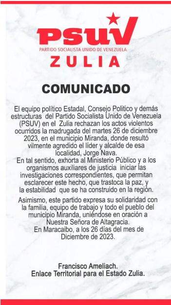 PSUV se pronuncia tras ataque armado contra alcalde del municipio Miranda (+Comunicado) PSUV se pronuncia tras ataque armado contra alcalde del municipio Miranda (+Comunicado)
