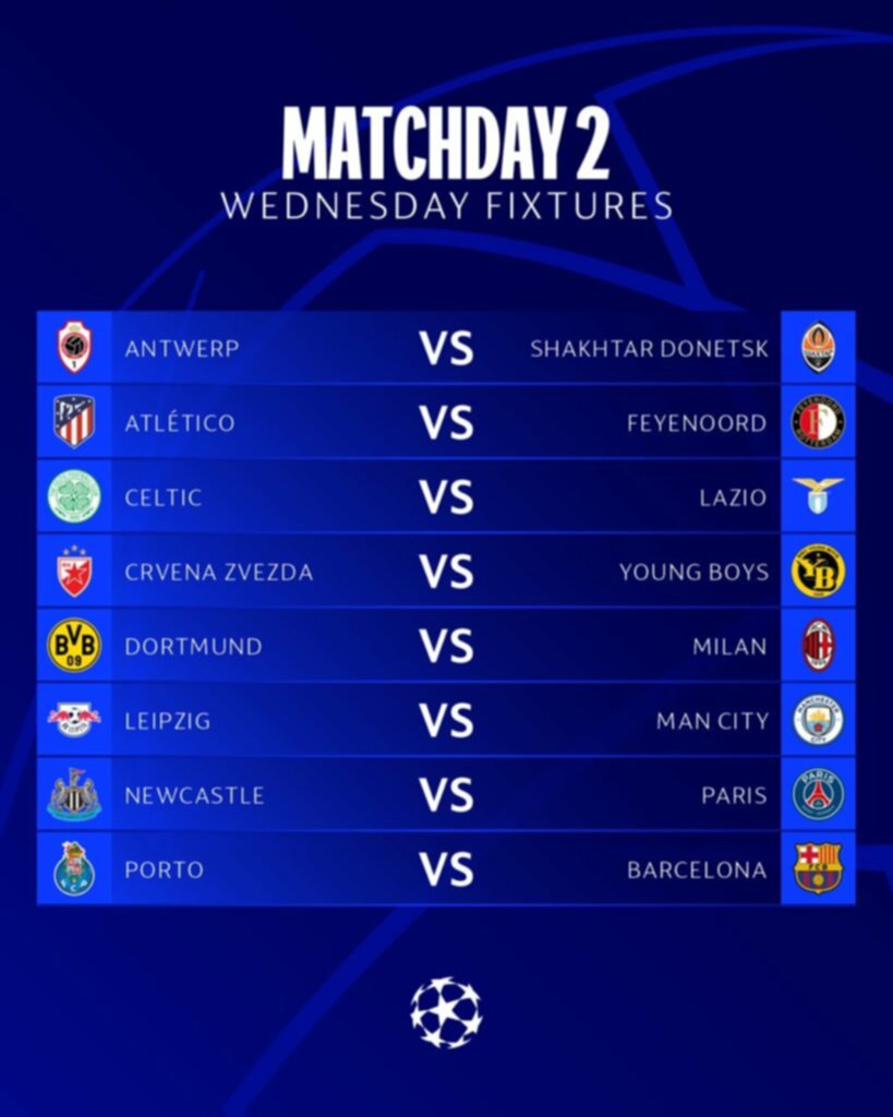 Estos partidos cierran la segunda fecha en la Champions Estos partidos cierran la segunda fecha en la Champions