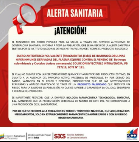 Alerta sanitaria: Advierten distribución de suero antiofídico falso