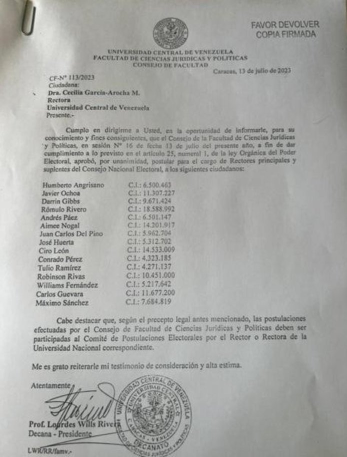 La UCV presentó a sus postulados para cargos de rectores en el CNE