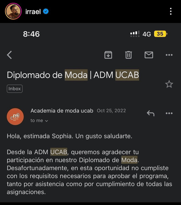 ¡Irrael se puso furioso! La UCAB reprobó a su hija en un diplomado de moda ¡Irrael se puso furioso! La UCAB reprobó a su hija en un diplomado de moda