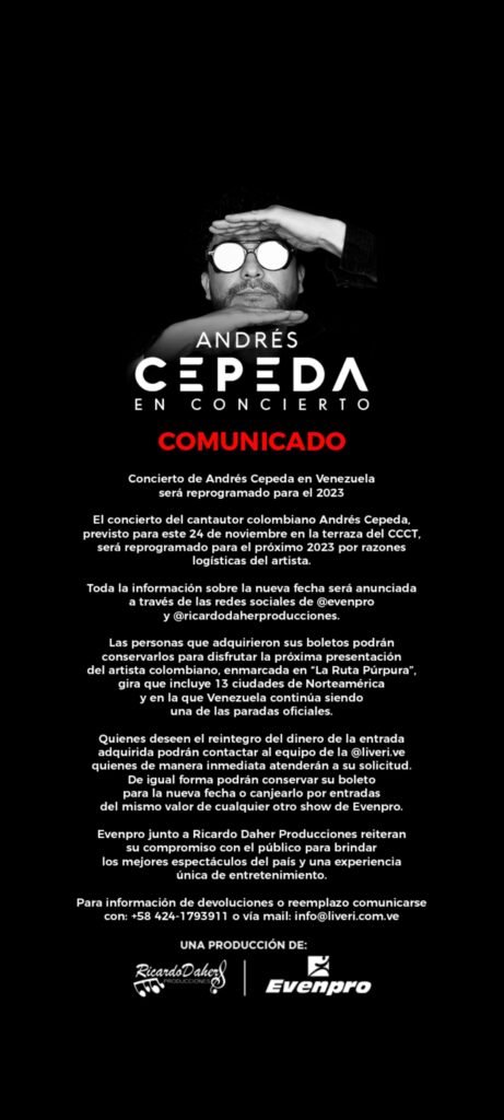 Andrés Cepeda reprograma fecha de su concierto en Venezuela Andrés Cepeda reprograma fecha de su concierto en Venezuela