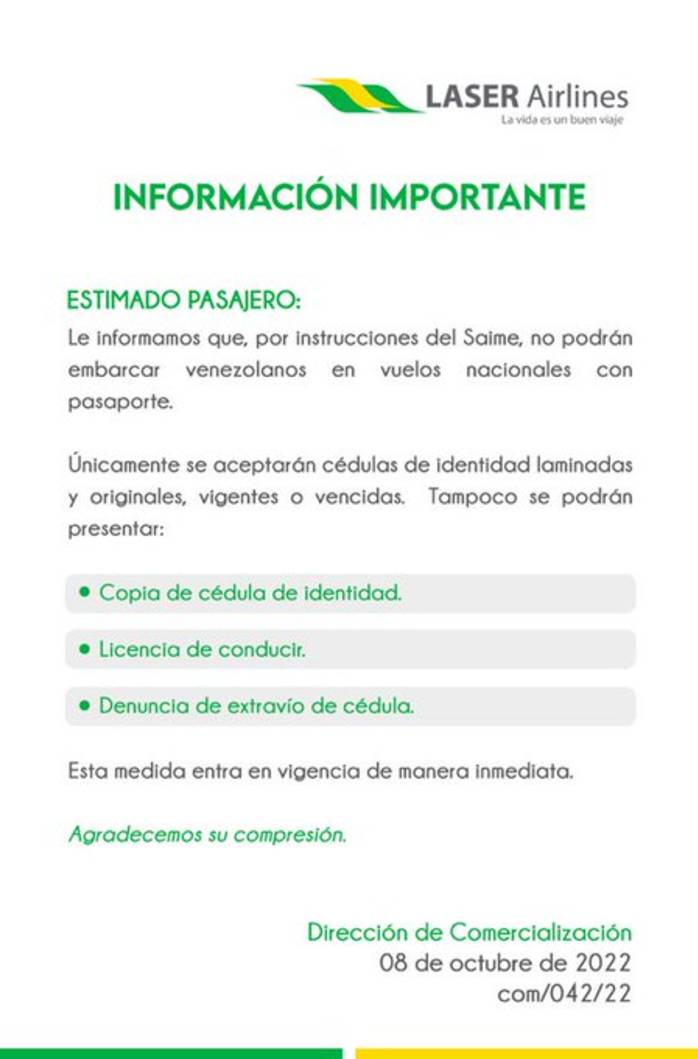 Por instrucción del Saime: No se aceptará el pasaporte como identidad en vuelos nacionales