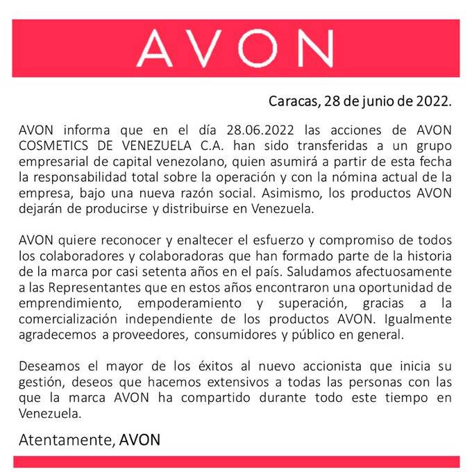 (+COMUNICADO) Por esta razón, Avon suspenderá la distribución de sus productos en Venezuela (+COMUNICADO) Por esta razón, Avon suspenderá la distribución de sus productos en Venezuela