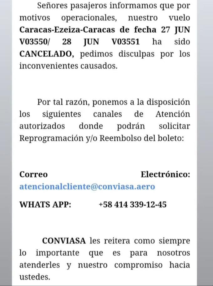 Conviasa suspende vuelos programados a Chile y Argentina Conviasa suspende vuelos programados a Chile y Argentina