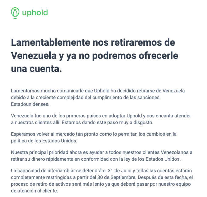 Criptobilletera Uphold cesa operaciones con Venezuela por sanciones de EEUU
