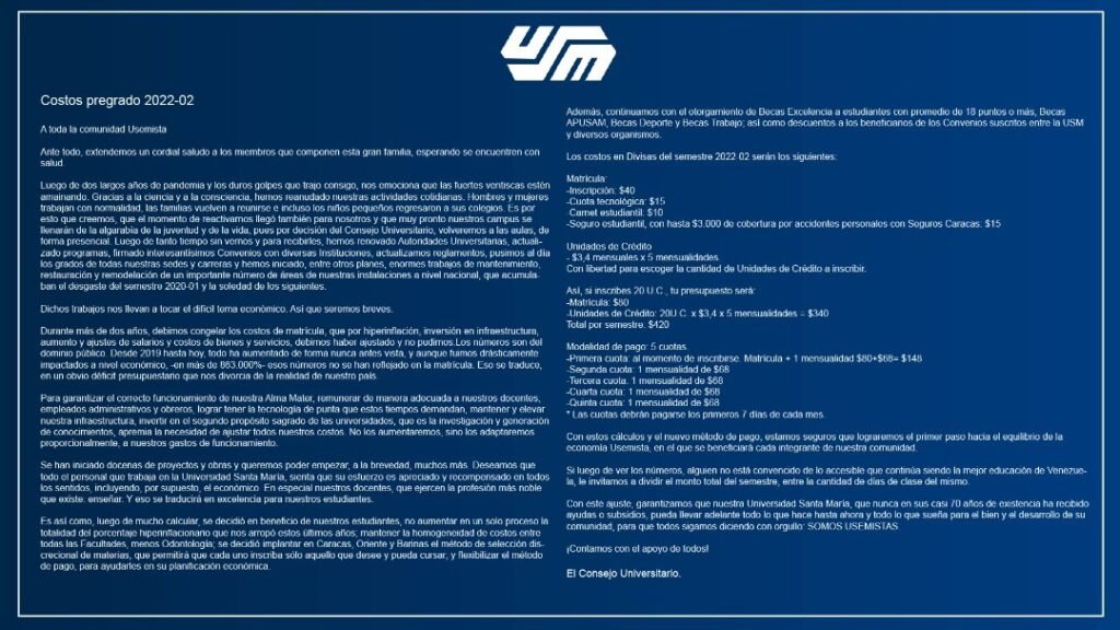 Estudiantes de la USM rechazan aumento de la matrícula Estudiantes de la USM rechazan aumento de la matrícula