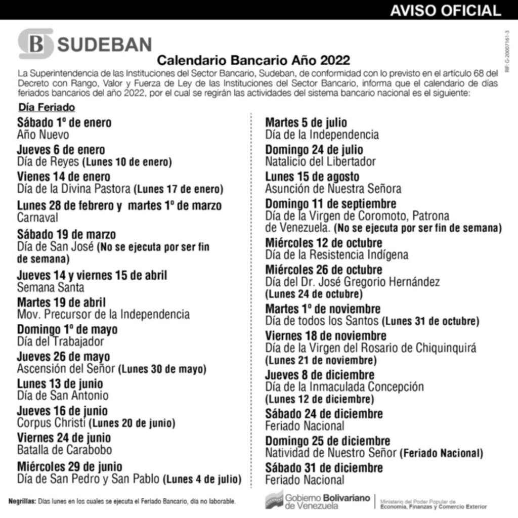 Sudeban anuncia calendario de feriados bancarios del 2022 Sudeban anuncia calendario de feriados bancarios del 2022