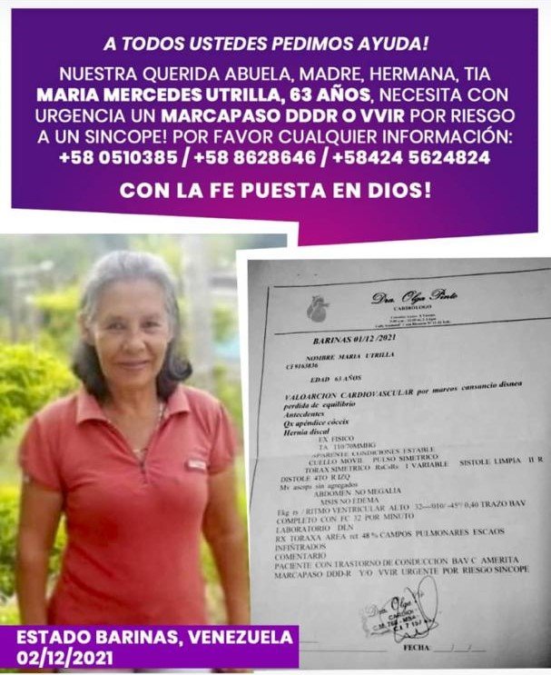 Servicio Público: Ayuda a María Mercedes Utrilla