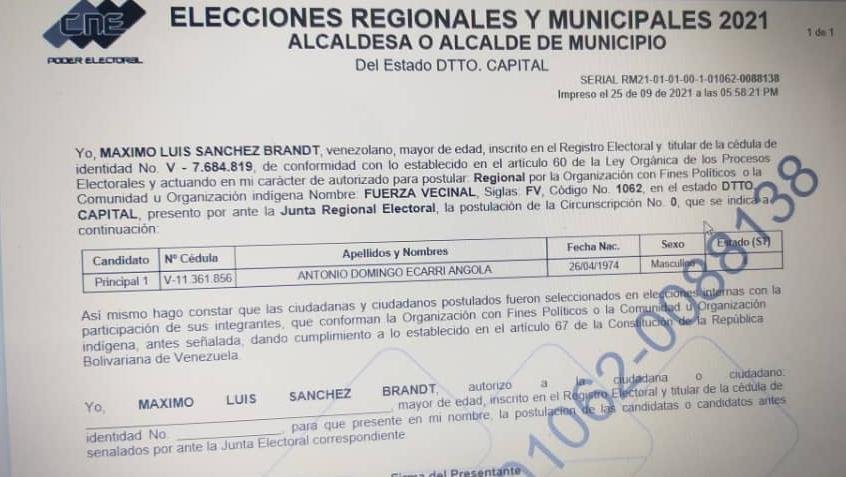 Fuerza Vecinal inscribe candidatura de Antonio Ecarri a la Alcaldía de Caracas Fuerza Vecinal inscribe candidatura de Antonio Ecarri a la Alcaldía de Caracas