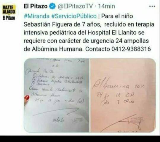 Servicio Público: ayudemos al niño Sebastián Figuera que se encuentra en terapia intensiva