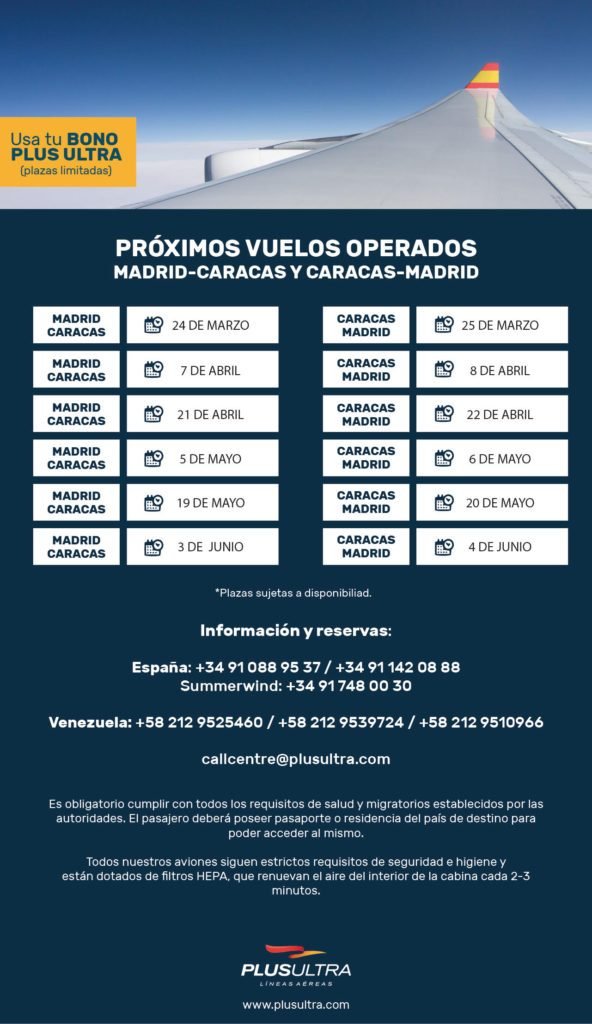 La aerolínea española Plus Ultra anuncia inicio de vuelos Caracas-Madrid a partir del 24 de marzo La aerolínea española Plus Ultra anuncia inicio de vuelos Caracas-Madrid a partir del 24 de marzo
